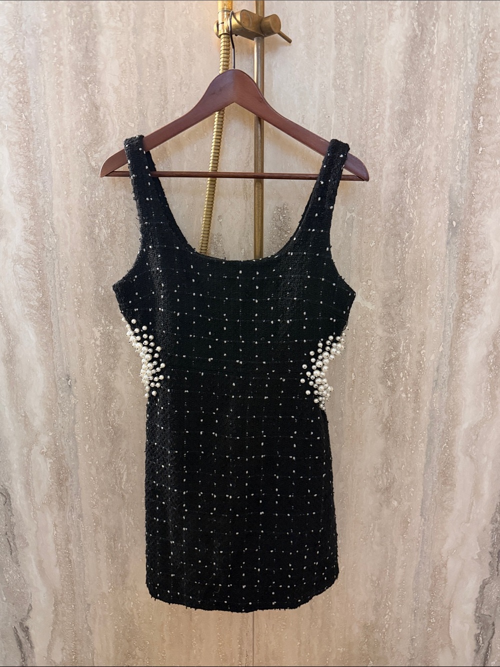 Tweed Black Pearl-Embellished Tweed Mini Dress